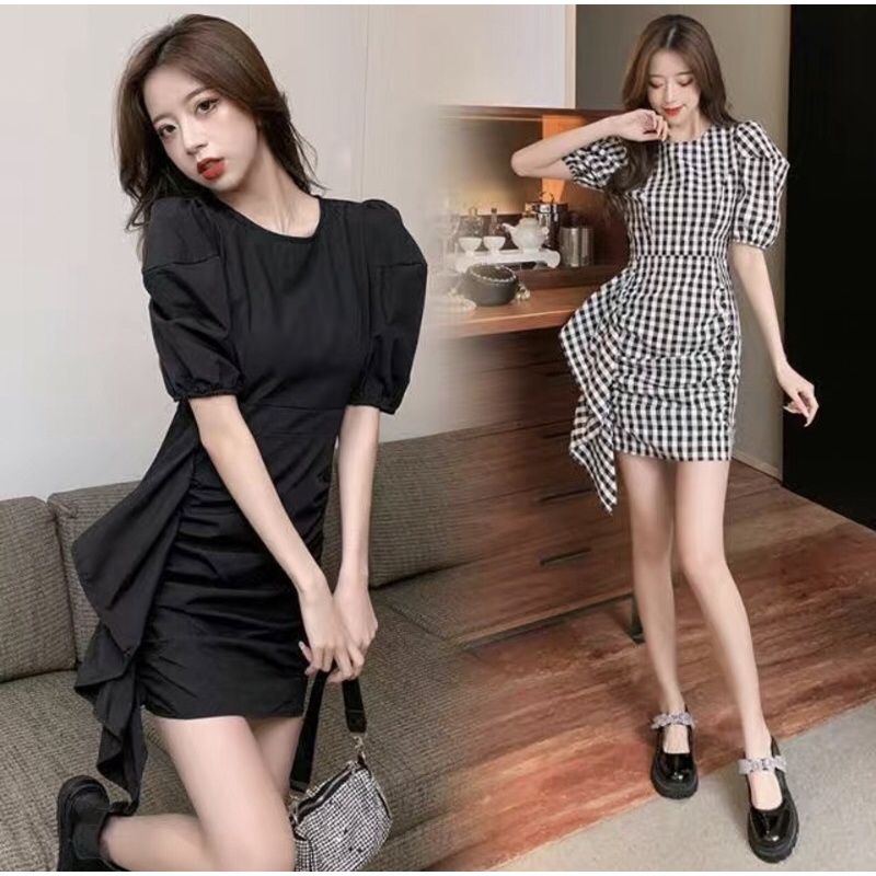 Váy Đầm Cách Điệu Vạt Chéo - Hai Màu Caro Và Đen Xinh Xắn Cho Nữ