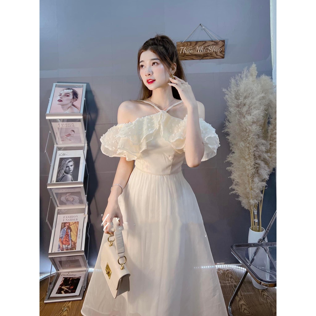 Váy maxi cổ yếm bèo hạt dáng xòe tơ 2 lớp MIVOSA 095