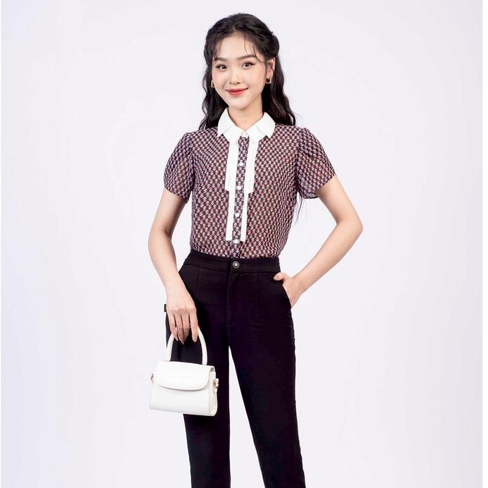 Áo sơ mi cổ đức hai tầng, tay nụ hồng, Nẹp áo may viền 1 nửa MMOutfit M-AO061021235
