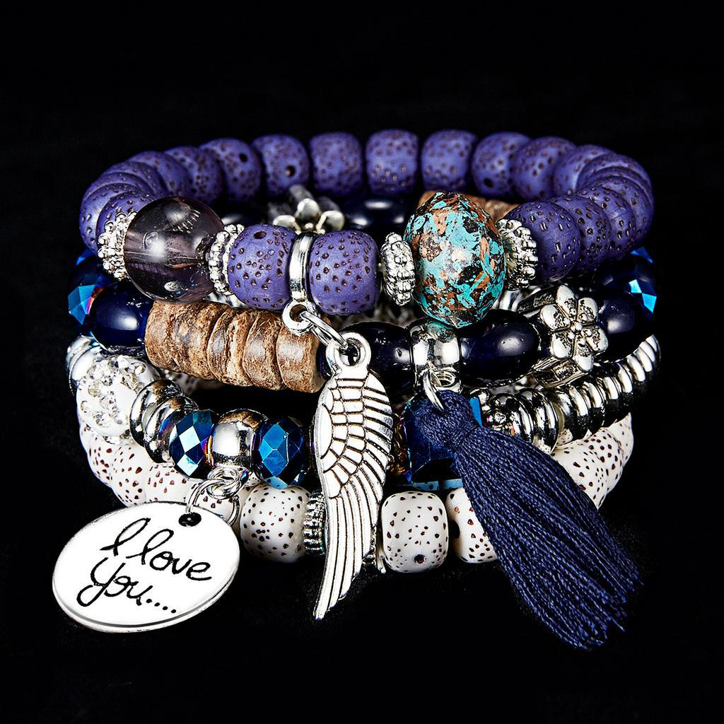 Set 4 vòng tay chuỗi hạt RINHOO FRIENDSHIP co giãn phối mặt khắc chữ I love you thời trang unisex