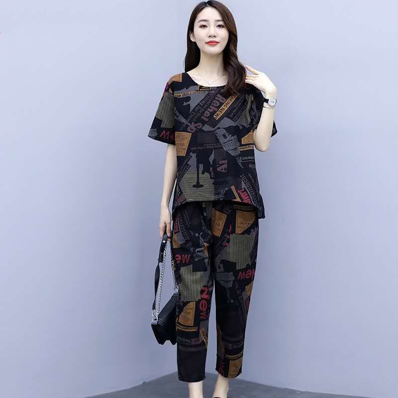 Mẹ mặc bộ đồ vải cotton và lanh MM cho phụ nữ mùa hè trung niên cộng size quần harem thời trang hai mảnh