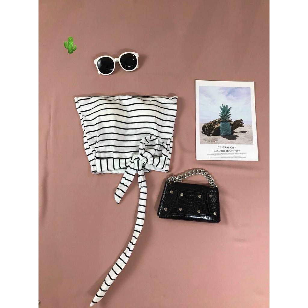 Áo ống pc họa tiết màu lang sọc ngang xinh có mút ngực buộc dây eo sexy