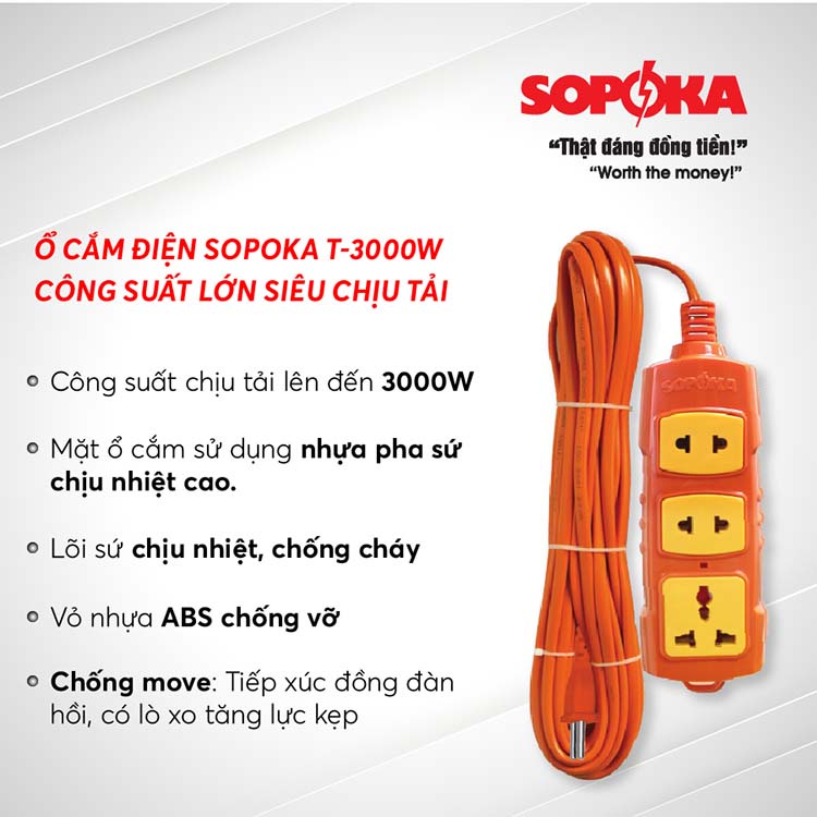 Ổ cắm điện SOPOKA  T-3000W công suất lớn siêu chịu tải dây dài 3m 5m 10m Chính Hãng