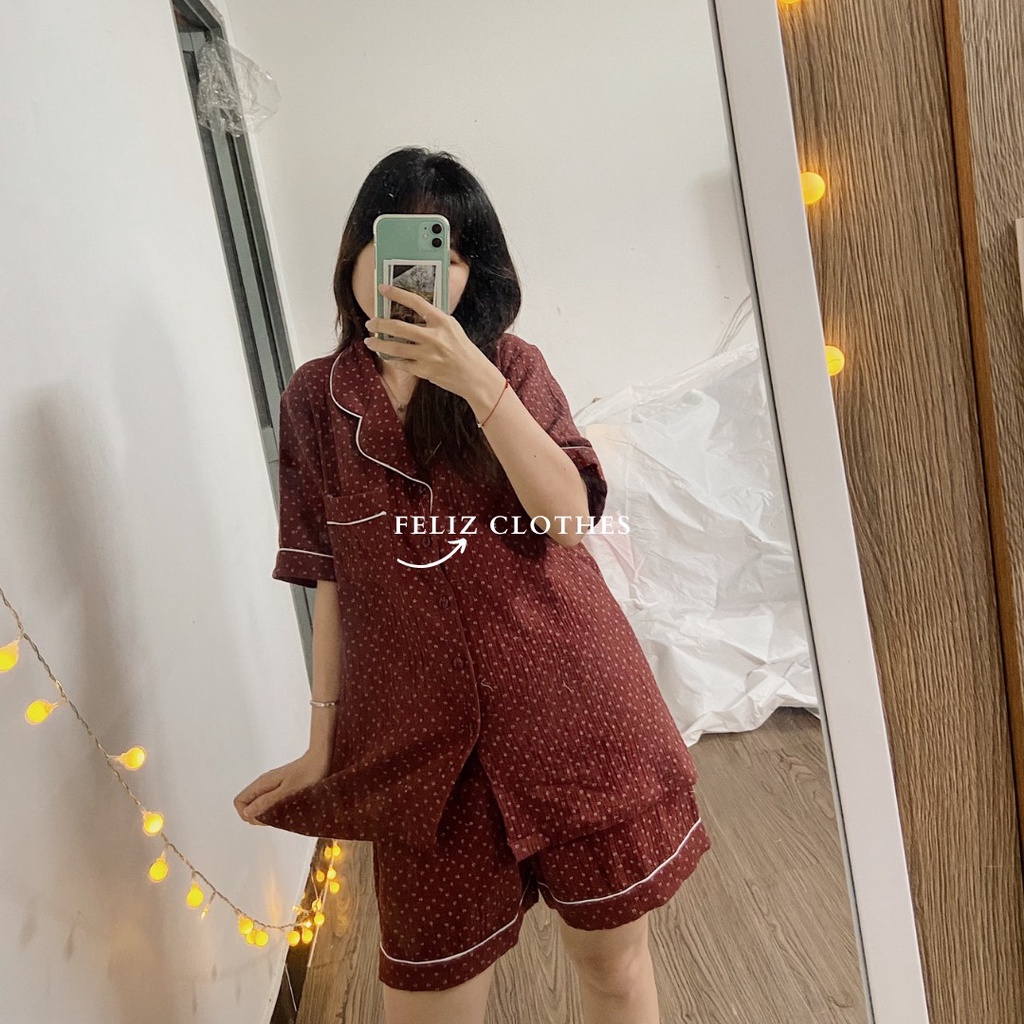 Pyjama xô muslin hoa nhí màu đỏ mận cực đáng yêu