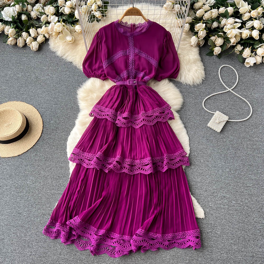 Đầm Chiffon Ren Xếp Tầng Lưng Cao Tay Phồng Phong Cách Pháp Mẫu Mới Thời Trang Mùa Hè 2022