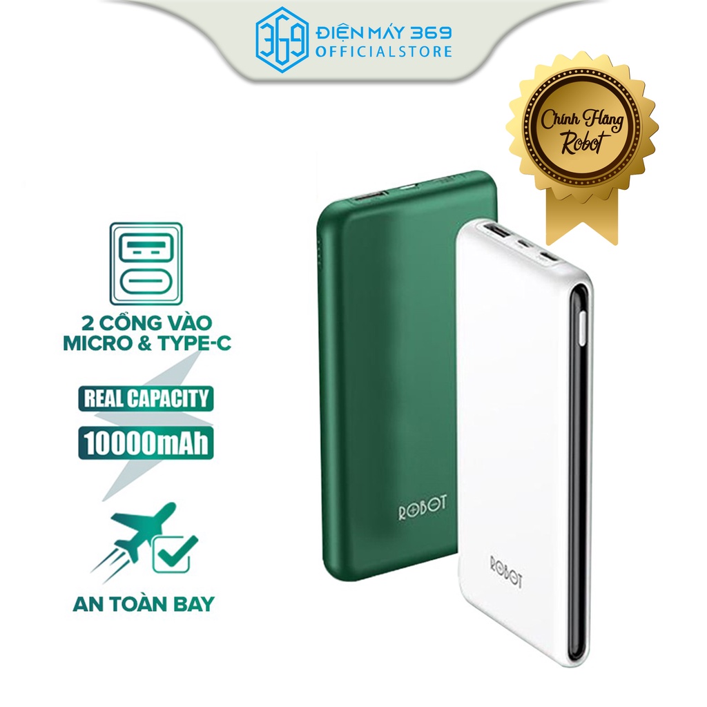 Pin Sạc Dự Phòng 10.000mAh ROBOT RT180, Thiết Kế Mỏng, Gọn Nhẹ, Chống Trơn, Bám Vân Tay Nhiều Lớp Bảo Vệ Thông Minh