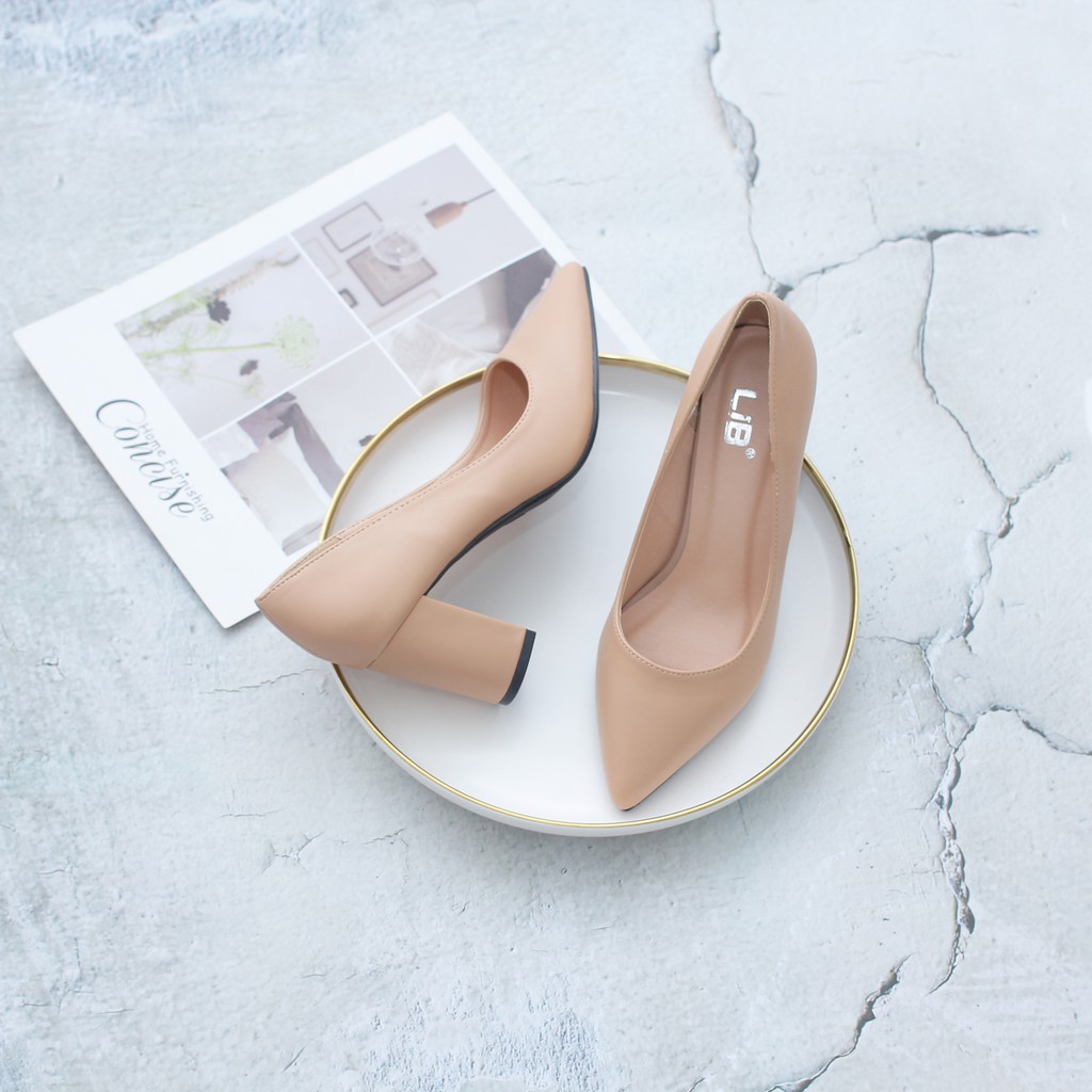 Giày Cao Gót 7cm Đế Vuông Trơn Basic 3186 Màu Kem