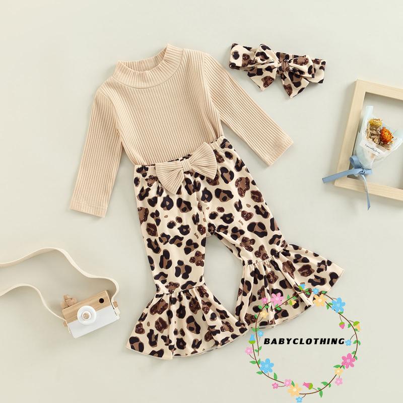 Set Áo Liền Quần + Quần Dài Họa Tiết Da Báo + Băng Đô Nơ Đáng Yêu Cho Bé Gái