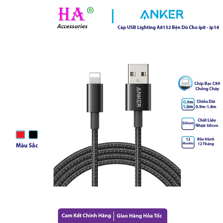 Cáp Sạc Anker USB L Cho ip6-ip14 A8152 Bện Dù Siêu Bền, Chip C89 Chống Cháy