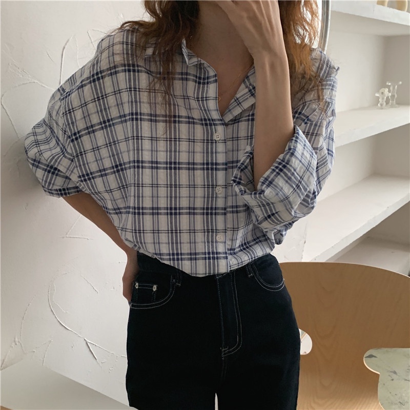 Áo sơ mi tay dài kẻ sọc caro thời trang dành cho nữ 45929