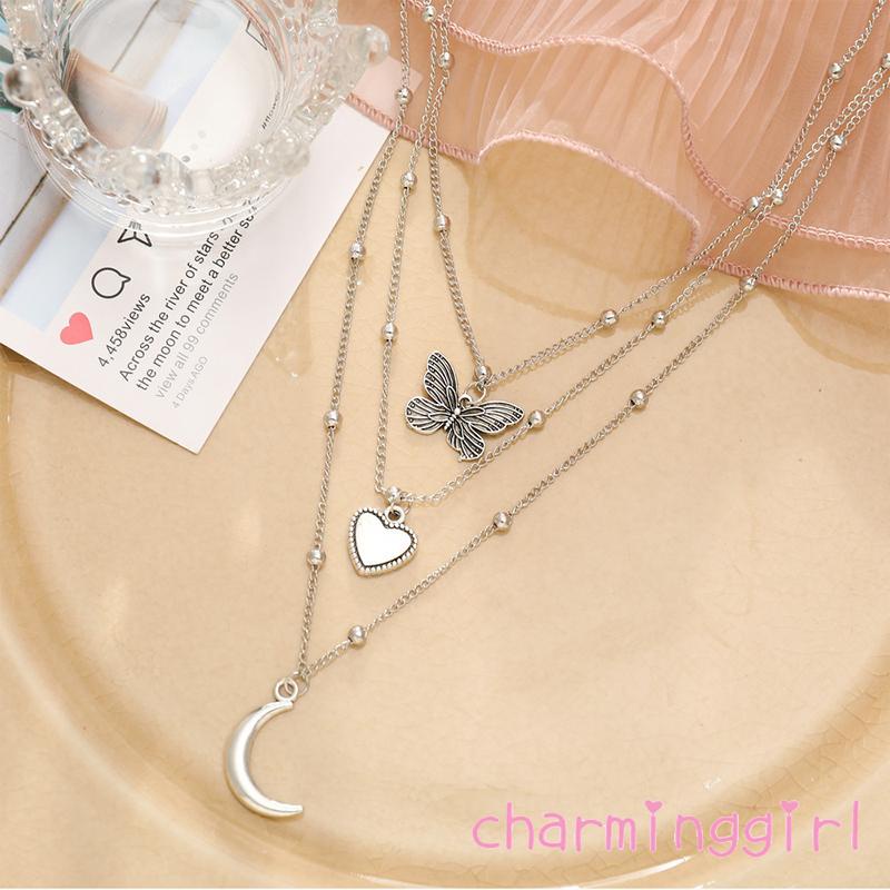 Bộ 3 Vòng cổ hợp kim mặt hình bướm mặt trăng trái tim sáng tạo cho nữ