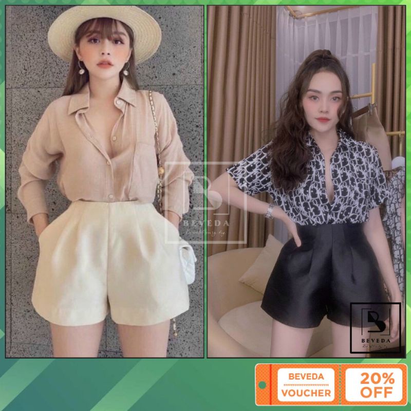 Quần Short Đùi Nữ Xếp Ly Eo Dáng Phồng Không Túi Lưng Cạp Cao