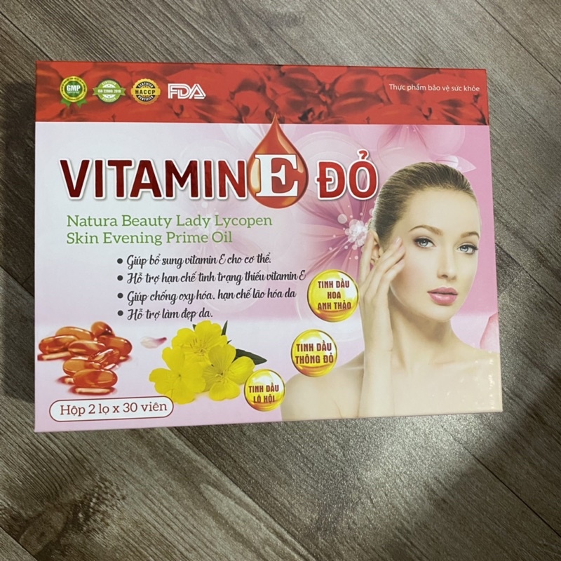 Viên uống trắng da VITAMIN E đỏ Natura Beauty Lady Lycopen Skin Evening Prime Oil -Vitamin E400 iu tinh dầu hoa anh thảo