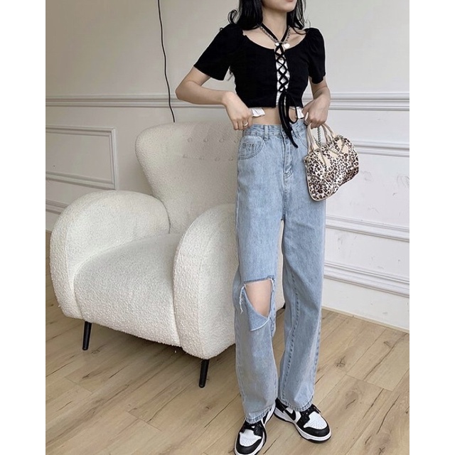 Quần Jeans Suông Rách Xẻ Tôn Dáng