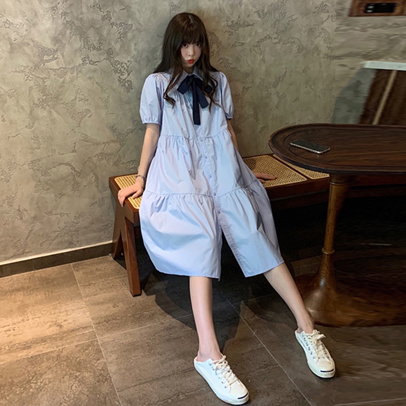 Váy Babydoll Midi Tay Ngắn Dáng Rộng Lưng Cao Thời Trang Mùa Hè Xinh Xắn Cho Nữ