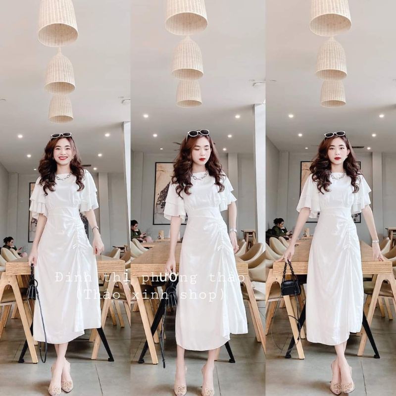 Váy trắng dự tiệc rút dây nơ tay bèo sang chảnh cổ tròn