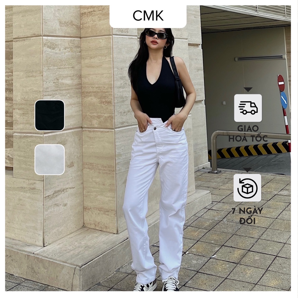 Quần jean ống suông nữ CHICMONKI lưng lệch - Quần bò nữ cạp cao, lưng cao trên rốn tôn dáng CMJ1007