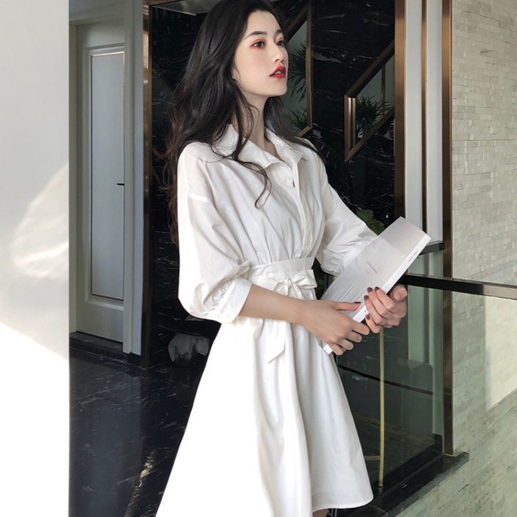 Đầm Sơ Mi Trắng Tay Dài Thắt Eo Phong Cách Hàn Quốc 2021