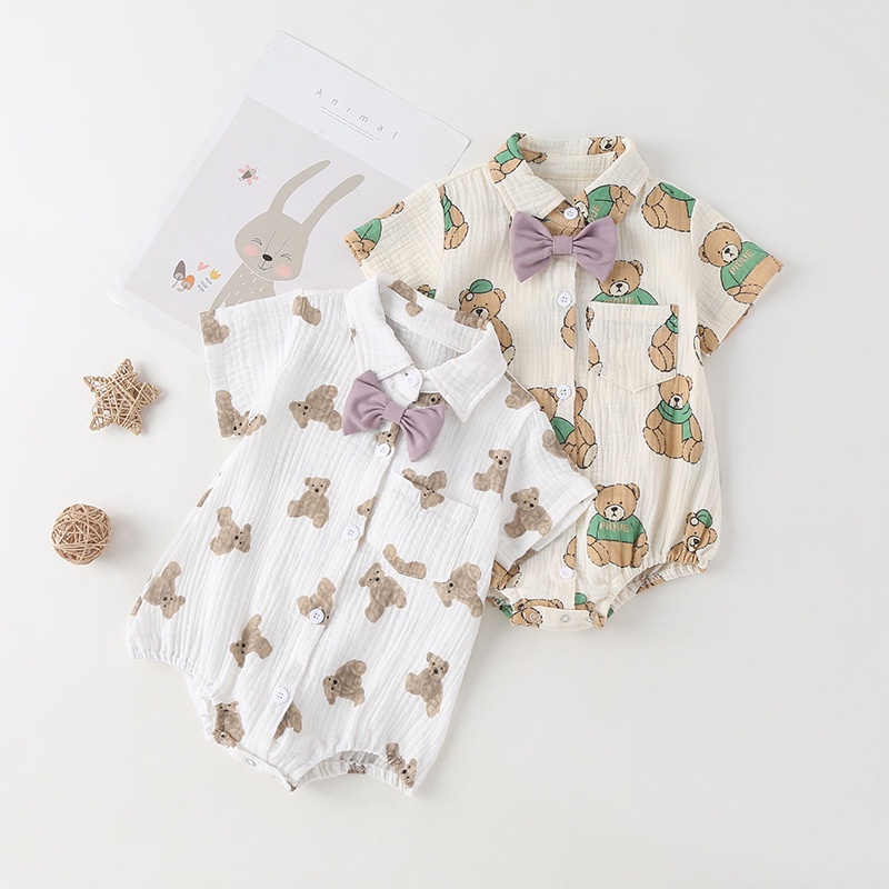 Summer Baby Clothes for Boys Bow Tie Short Sleeve Romper Bear Pattern Newborn Jumpsuit Bodysuit 0-24 Months