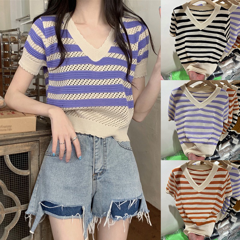 Áo Thun Tay Ngắn Cổ Chữ V Phong Cách Hàn Quốc Cho Nữ