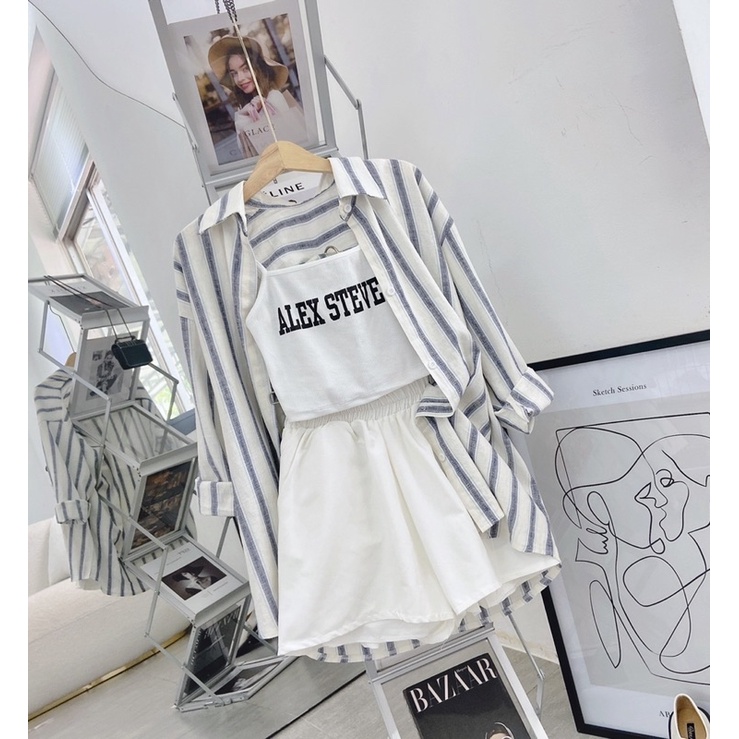SET 3 MÓN:  SƠ MI KẺ SỌC + THUN CROP 2S TRẮNG  + SHORT
