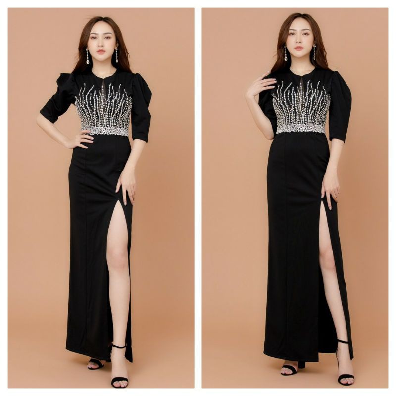 Đầm dạ hội kết pha Lê tay phồng cao cấp (đầm dự tiệc cao cấp) tặng hoa tai