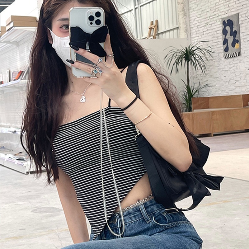 Áo Croptop Hai Dây Dệt Kim Họa Tiết Kẻ Sọc Thời Trang Cho Nữ