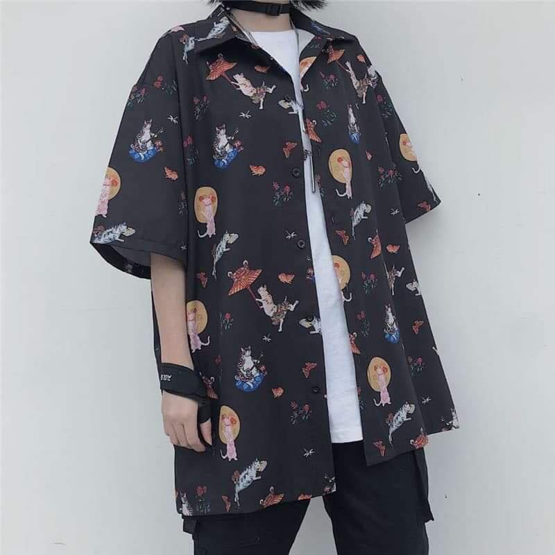 Áo sơ mi nam nữ oversize hình MỀO CẦM Ô đen