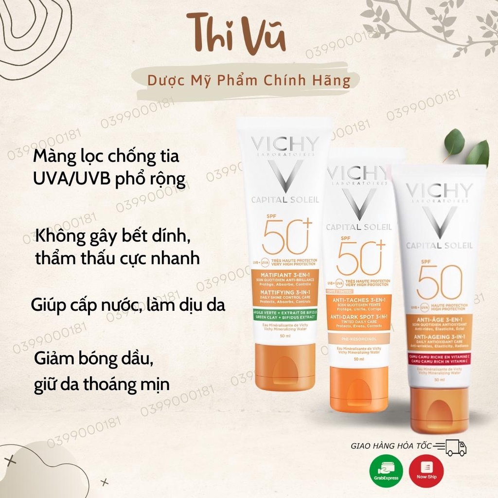 Kem chống nắng Vichy Capital Soleil 3in1, kem chống nắng dành cho da dầu lão hóa thâm sạm da - Thi Vũ