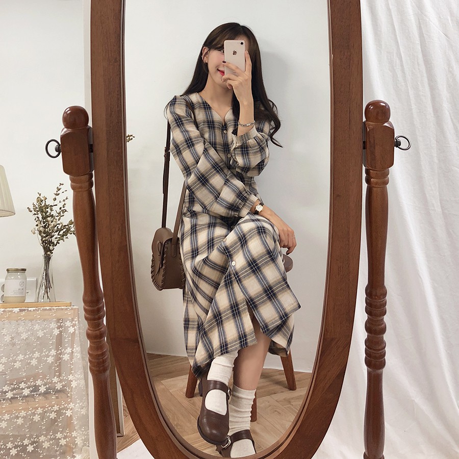 Váy kẻ ô Moran mùa thu style Hàn Quốc