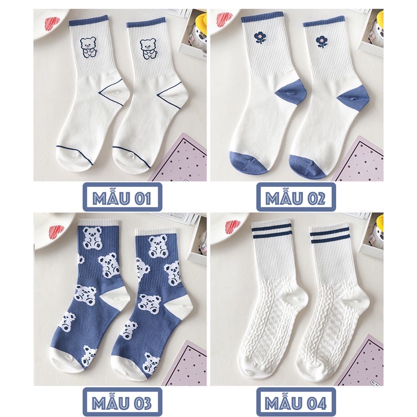 Tất/vớ nữ màu trắng phối xanh lam dệt kim nhiều hình mâu đáng iu, chất liệu thoáng mát, T038
