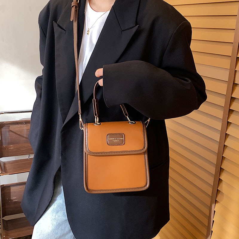 Túi đeo chéo nữ da trơn dáng hộp phong cách retro Alice Housee, túi đeo vai vintage dày bền