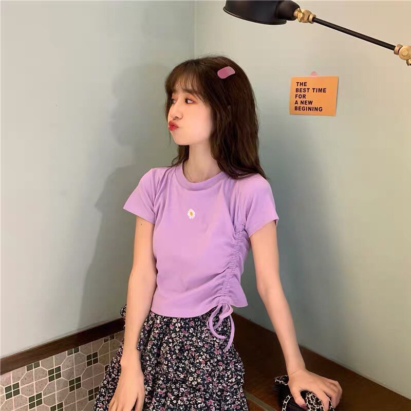 Áo croptop rút dây  một bên cao cấp thêu hoa cúc  siêu xinh 🤩