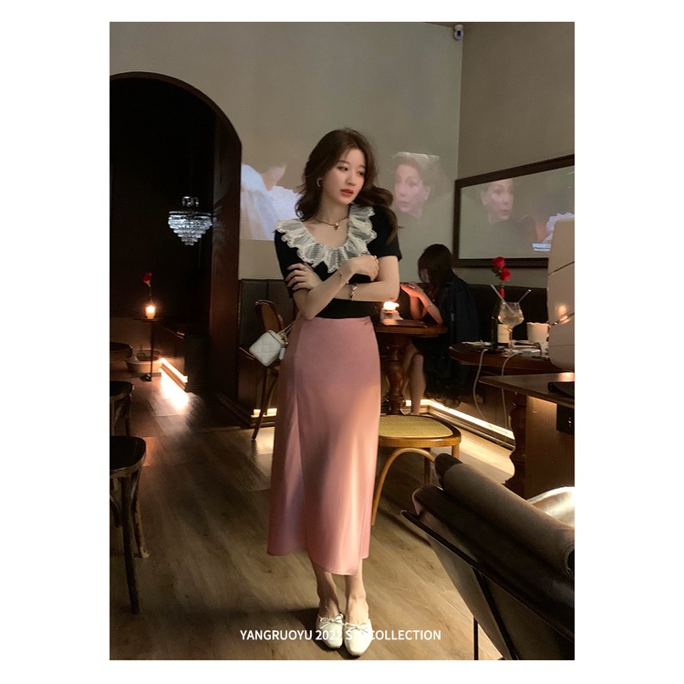 Áo croptop SUXI ngắn tay ôm dáng phối cổ cánh hoa xinh xắn cho nữ