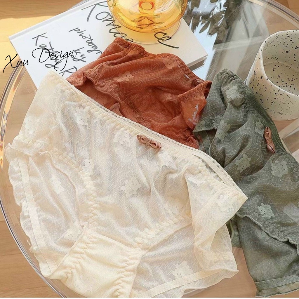 Quần lót nữ ren gấm cao cấp Xuu họa tiết gấu in chìm đính nơ QC51