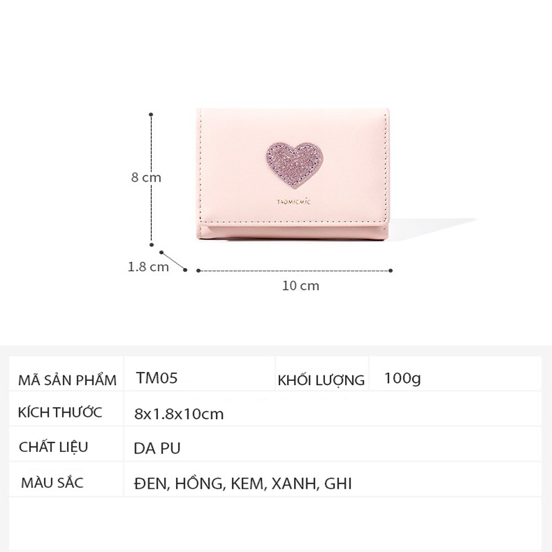 Ví Nữ Ngắn Mini Đẹp Cầm Tay Chính Hãng TAOMICMIC Phối Hoạ Tiết Trái Tim Nhiều Ngăn Đựng Tiền TM05 - Mozuno | BigBuy360 - bigbuy360.vn