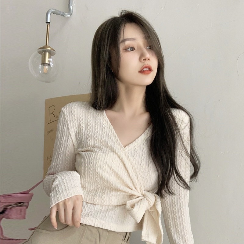 Áo kiểu buộc nơ eo cổ V dễ thương_Áo điệu nhữ hottrend