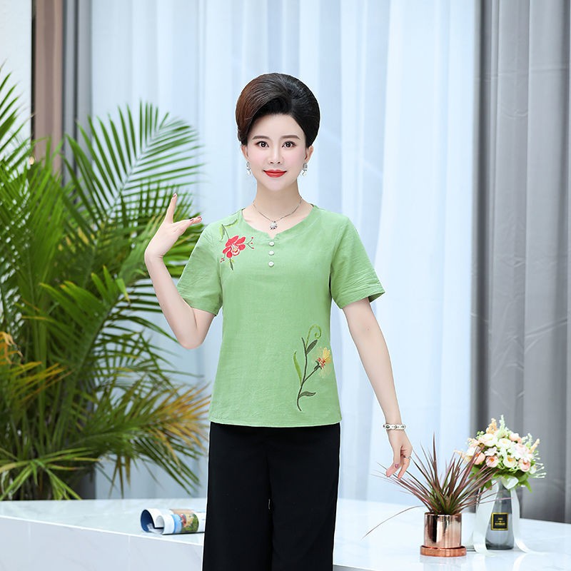 Áo Cotton Lanh Ngắn Tay Thời Trang Mùa Hè Cho Phụ Nữ Trung Niên 40-50 Tuổi