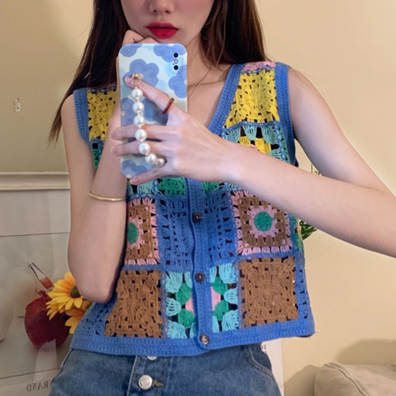 Brroa Áo Crop Top Không Tay Thêu Hoa Rỗng Kiểu Pháp Ngọt Ngào Dễ Phối Đồ Thời Trang Mùa Hè