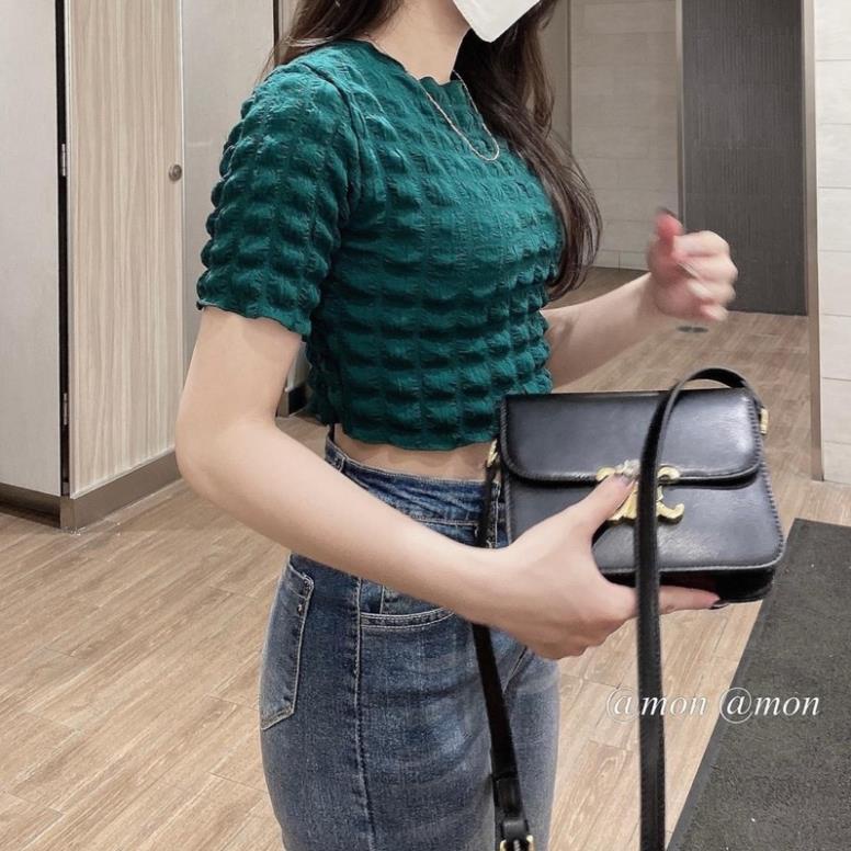 Áo croptop xốp cổ tròn tay ngắn
