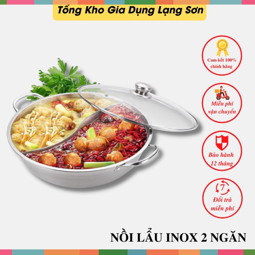 Nồi lẩu 2 ngăn, pha 2 vị inox cao cấp size 30/32Cm siêu tiện dụng, dùng được cho tất cả các loại bếp BH 12 tháng