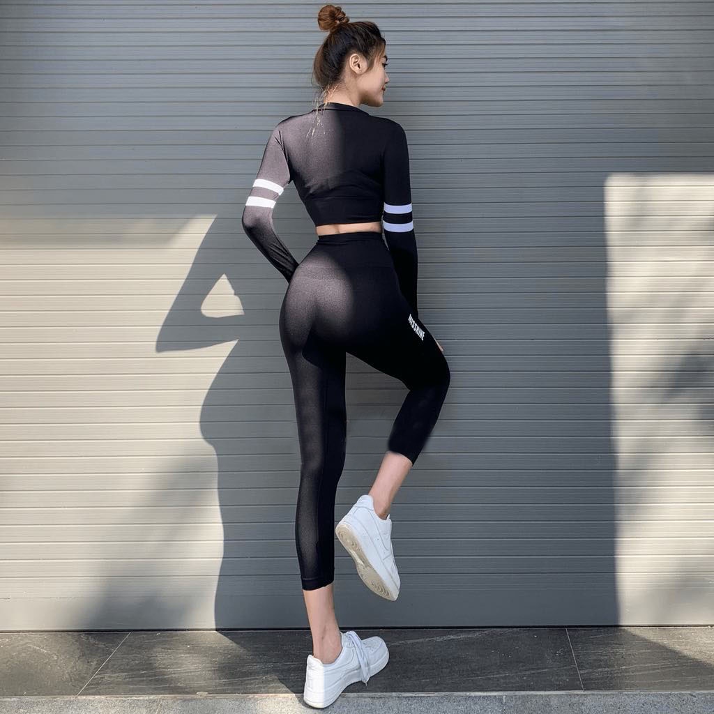 Đồ tập gym nữ MISSHINE quần LỬNG áo CROPTOP tay dài, chất dệt kim co giãn tốt, nâng mông ôm body tập Gym Yoga