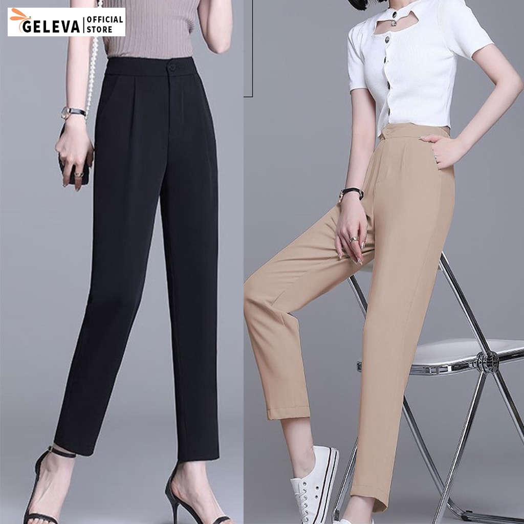 Quần tây baggy nữ đi học đi làm công sở ống đứng dáng dài cạp chun, Quần vải nữ tuyết mưa màu đen trắng be Geleva GE908 | BigBuy360 - bigbuy360.vn