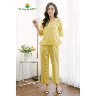 Bộ mặc nhà nữ thu đông Việt Thắng quần dài áo tay lỡ, chất cotton mềm B49.2001