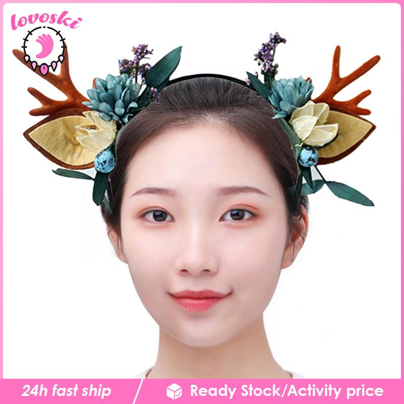 Băng Đô Cài Tóc Hình Sừng Hươu Đính Hoa Dễ Thương