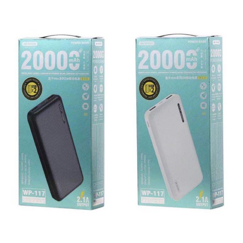 Sạc dự phòng ⚡CHÍNH HÃNG⚡ pin sạc dự phòng WK - Mã WP-117 20000mah 2 cổng 2.1A, vân nhám đẳng cấp doanh nhân
