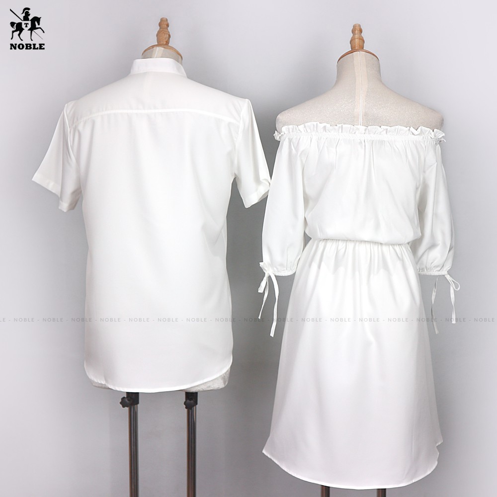 [Freeship] Set đồ đôi couple sơ mi nam - đầm nữ trễ vai thích hợp du lịch, chụp hình cưới thời trang Noble TN19 (Ảnh thậ