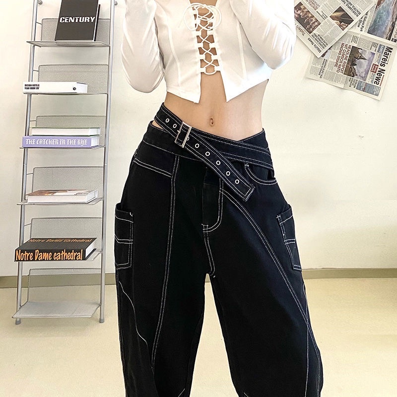 Quần jean bò cạp cao dây chéo