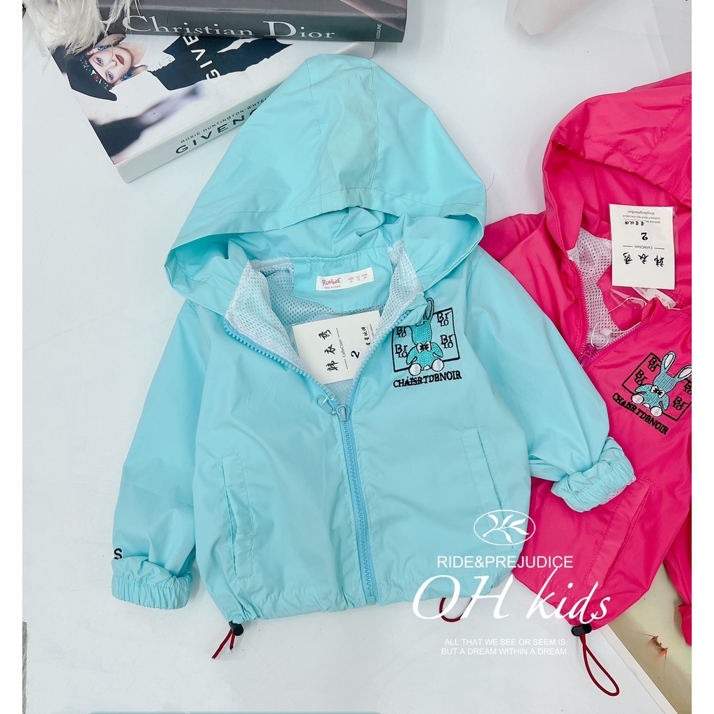 Áo khoác bé gái, bé trai, áo gió 2 lớp họa tiết thỏ thêu BRLO vải chính phẩm siêu đẹp cho bé