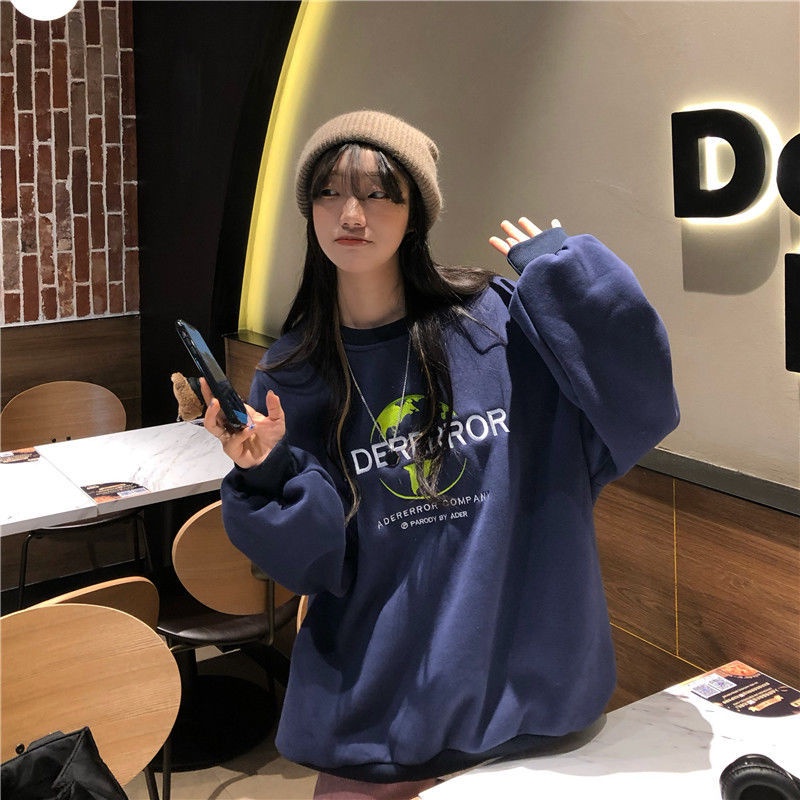 Áo Sweater Cotton Cổ Tròn Dáng Rộng Thêu Chữ Thời Trang Cho Nữ